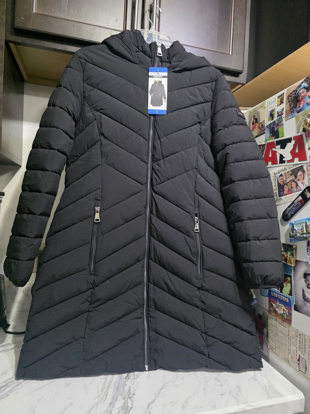 New DKNY Black Women's Quilted Hooded Puffer Coat size Large